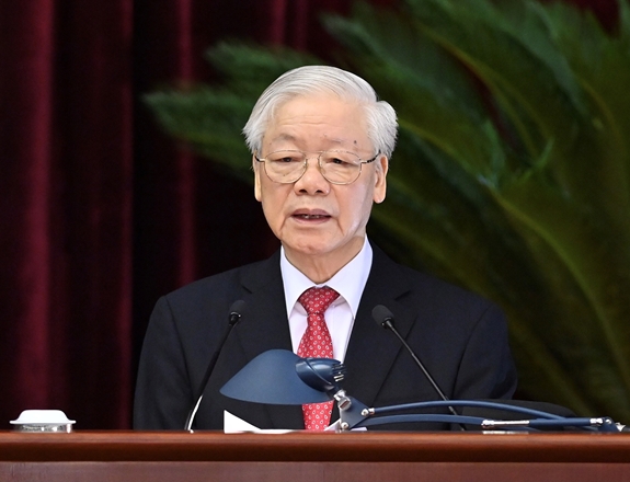 Tổng Bí thư Nguyễn Phú Trọng phát biểu bế mạc Hội nghị. Ảnh: Viết Chung. 